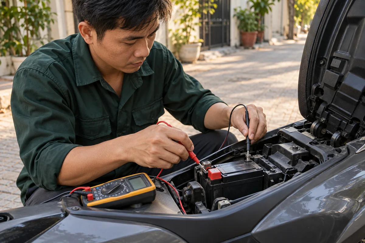 Hình minh họa thợ kiểm tra điện áp ắc quy xe máy